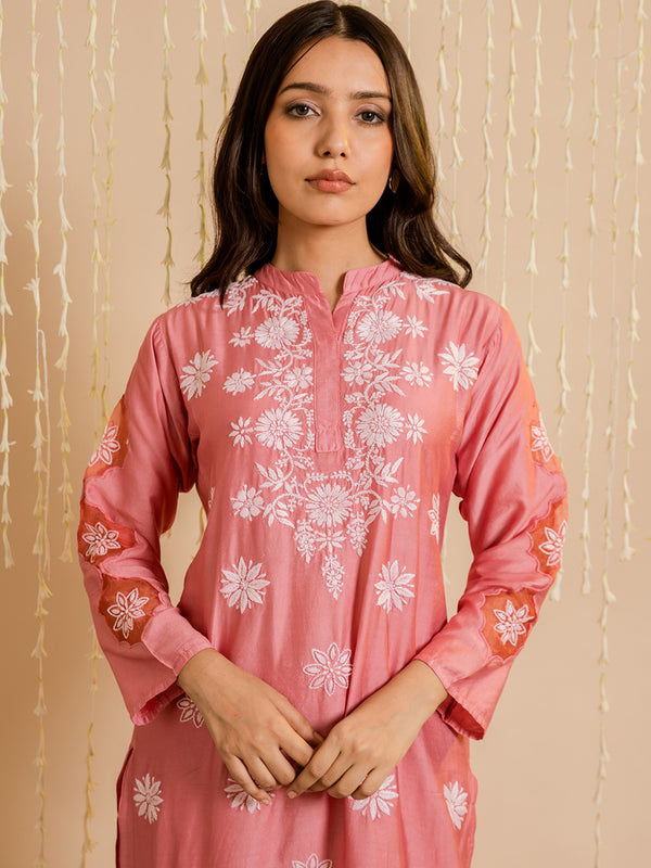 HOUSE OF KARI Ethnic Motifs Embroidered Chikankari Straight Chanderi Silk Kurta - Distacart