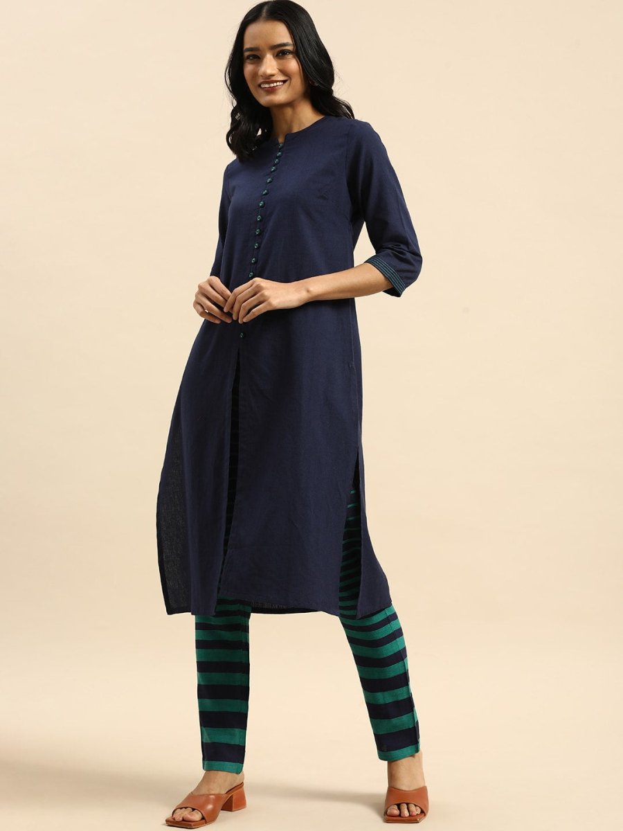 All About You Women Blue & Green Pure Cotton Kurta with Trousers - Distacart
