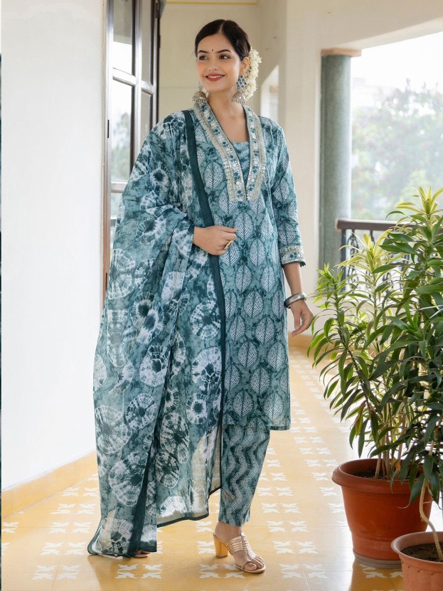 Anouk Floral Embroidered Empire Thread Work Pure Cotton Kurta with Trousers & Dupatta