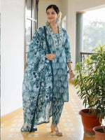 Thumbnail for Anouk Floral Embroidered Empire Thread Work Pure Cotton Kurta with Trousers & Dupatta