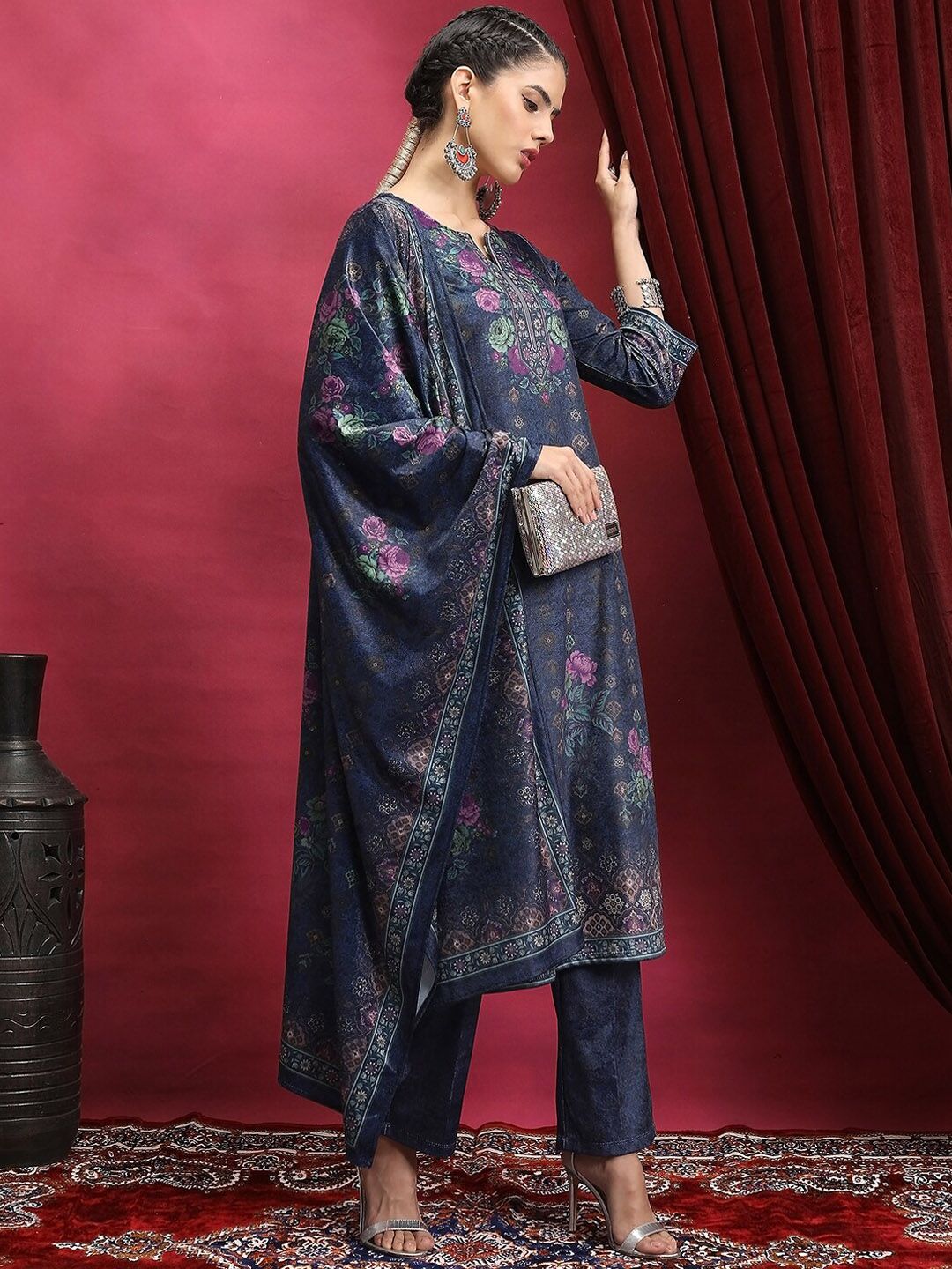 Vishudh Navy Blue Floral Printed Mandarin Collar Straight Kurta & Palazzos With Dupatta