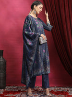 Thumbnail for Vishudh Navy Blue Floral Printed Mandarin Collar Straight Kurta & Palazzos With Dupatta