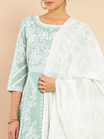 Thumbnail for Soch Women Green Floral Embroidered Empire Thread Work Pure Cotton Kurta with Trousers & With Dupatta - Distacart