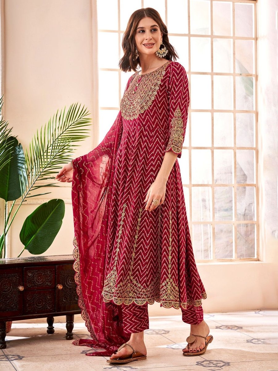 Anouk Maroon Chevron Embroidered Empire Thread Work Anarkali Kurta & Trousers & Dupatta - Distacart