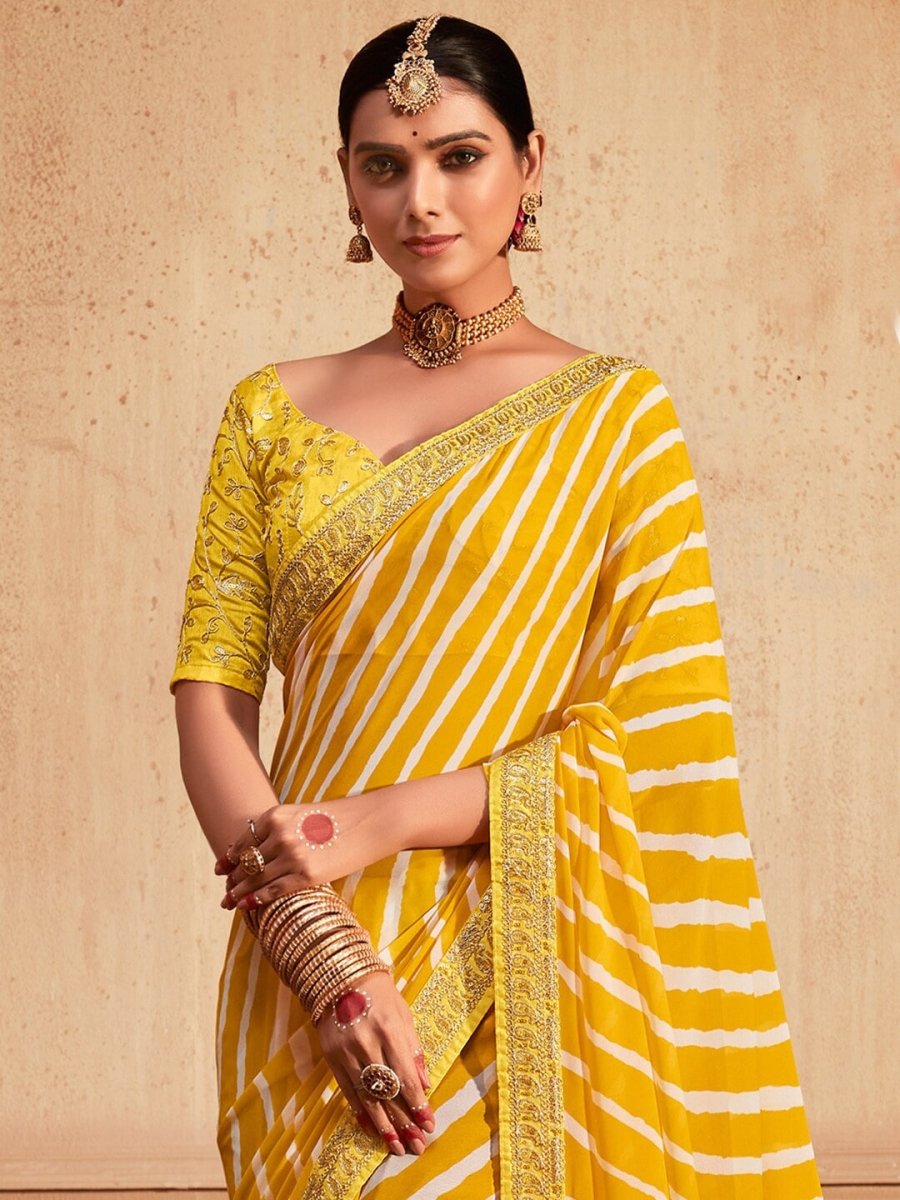 Anouk Yellow Striped Embroidered Pure Georgette Leheriya Saree - Distacart