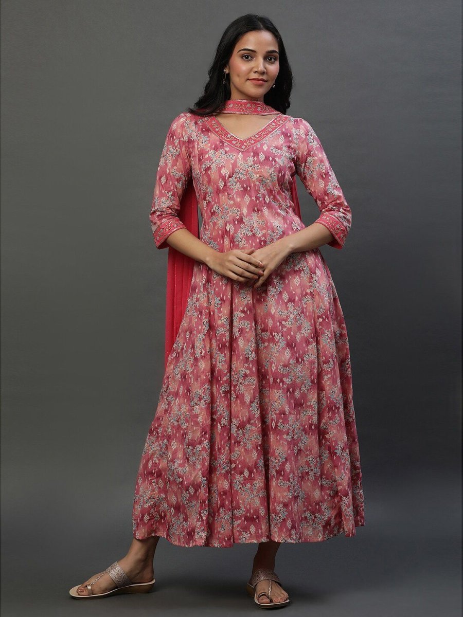 AURELIA Floral Printed V-Neck Ethnic Dress With Dupatta - Distacart