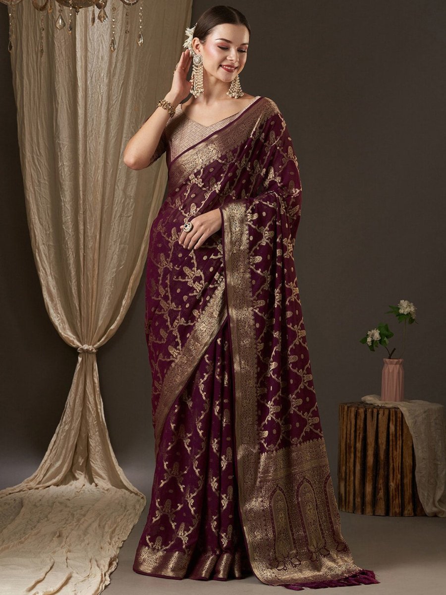 Anouk Purple & Gold-Toned Woven Design Zari Pure Georgette Kanjeevaram Saree - Distacart