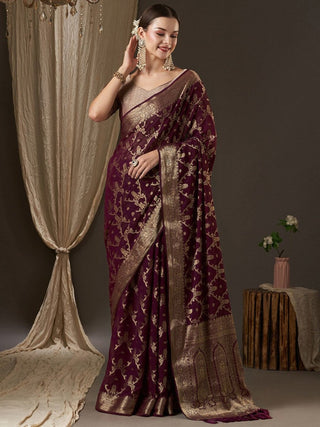 Anouk Purple & Gold-Toned Woven Design Zari Pure Georgette Kanjeevaram Saree - Distacart