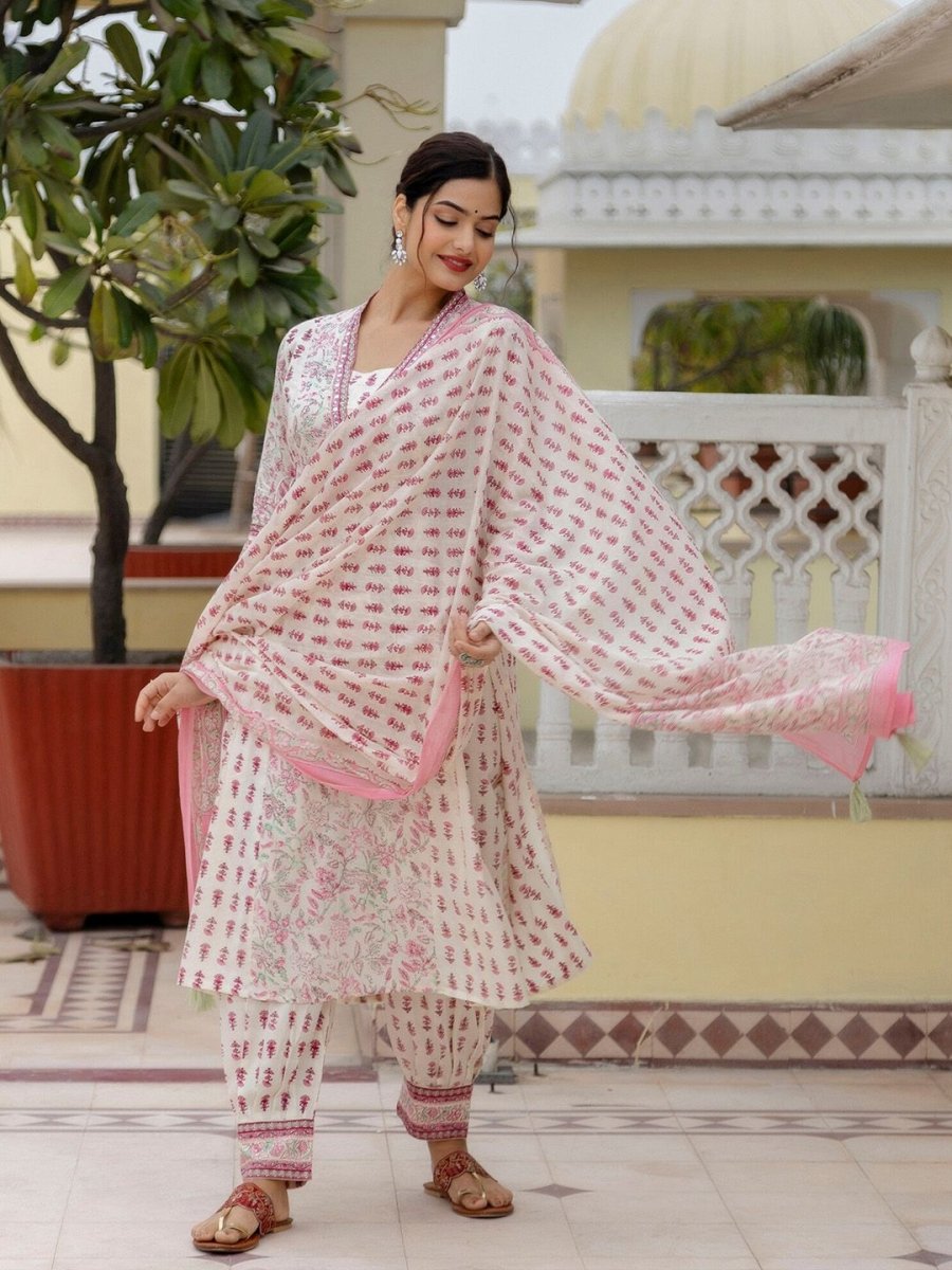 Anouk Floral Yoke Design Pure Cotton A-Line Kurta with Patiala & Dupatta