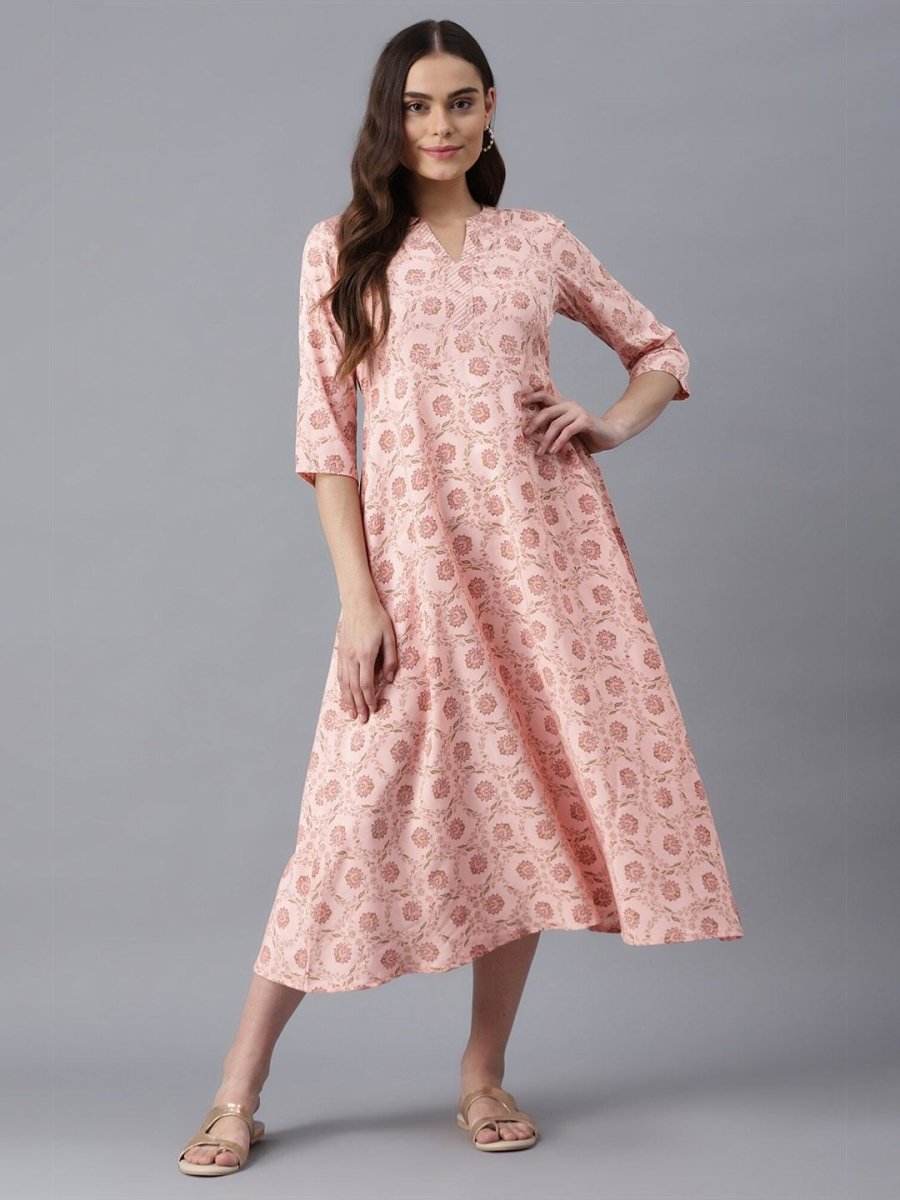 AURELIA Peach-Coloured Floral Ethnic A-Line Midi Dress - Distacart