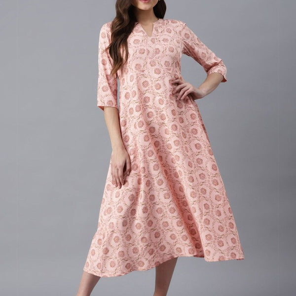 AURELIA Peach-Coloured Floral Ethnic A-Line Midi Dress - Distacart