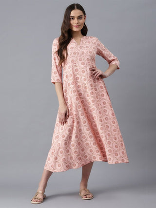 AURELIA Peach-Coloured Floral Ethnic A-Line Midi Dress