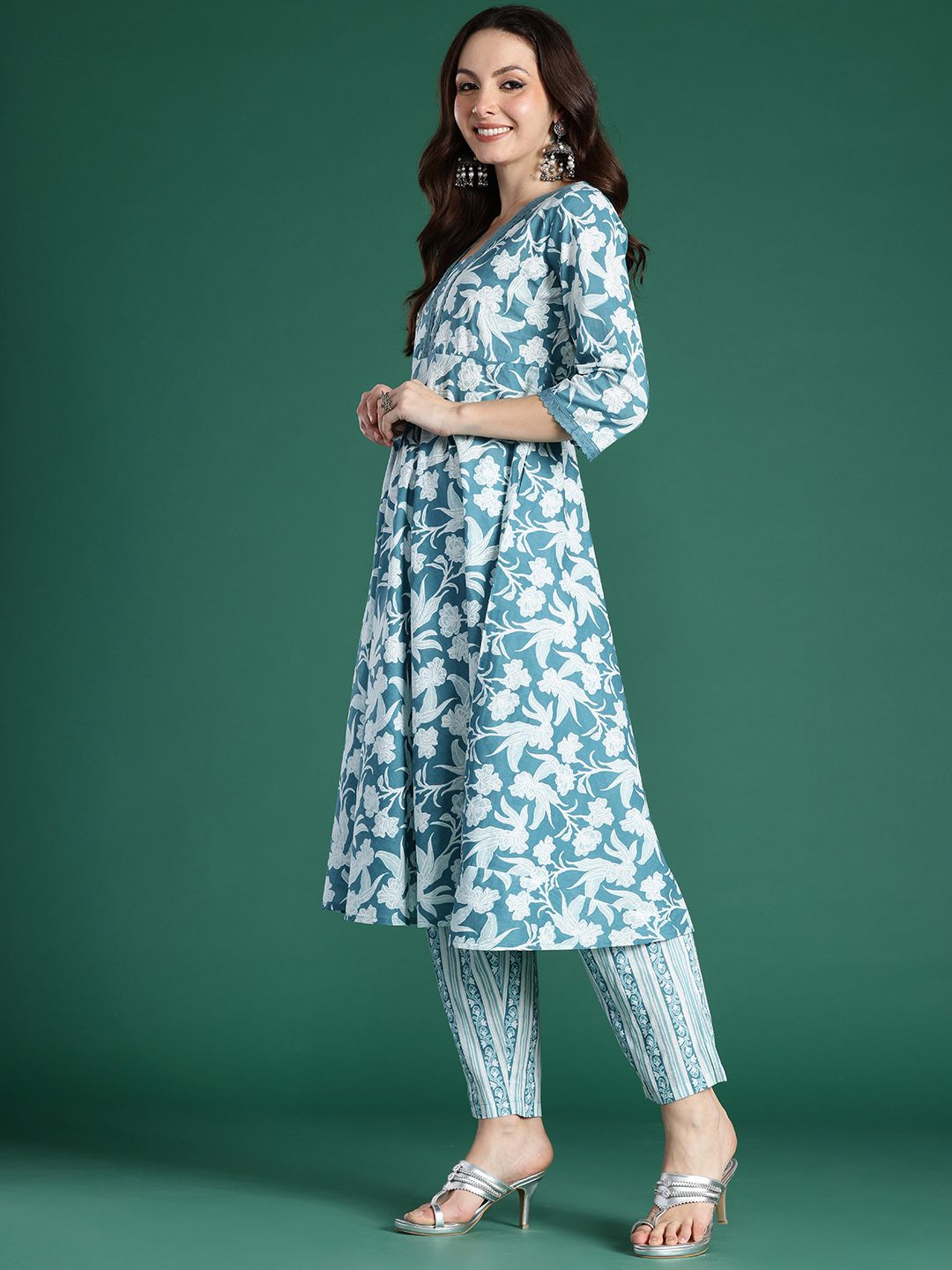 Indo Era Floral Printed Pure Cotton Kurta with Trousers & With Dupatta