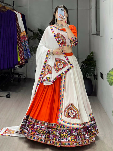 Yash Enterprise Orange White Rayon Cotton Embroidery Semi Stitched Navratri Top Chaniya Choli - Dista