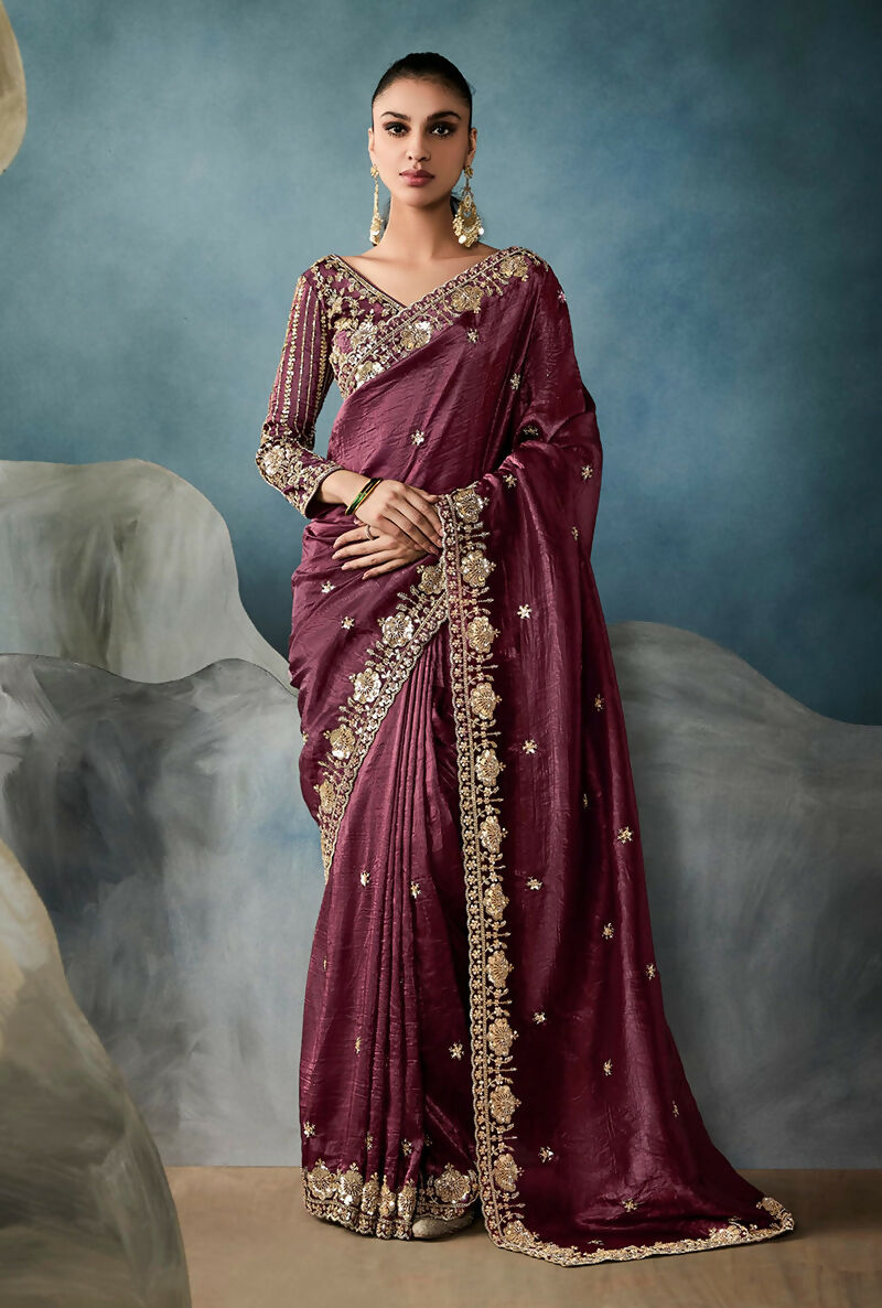 Monjolika Fashion Wine Tissue Embroidered Sequins And Zari Work Saree