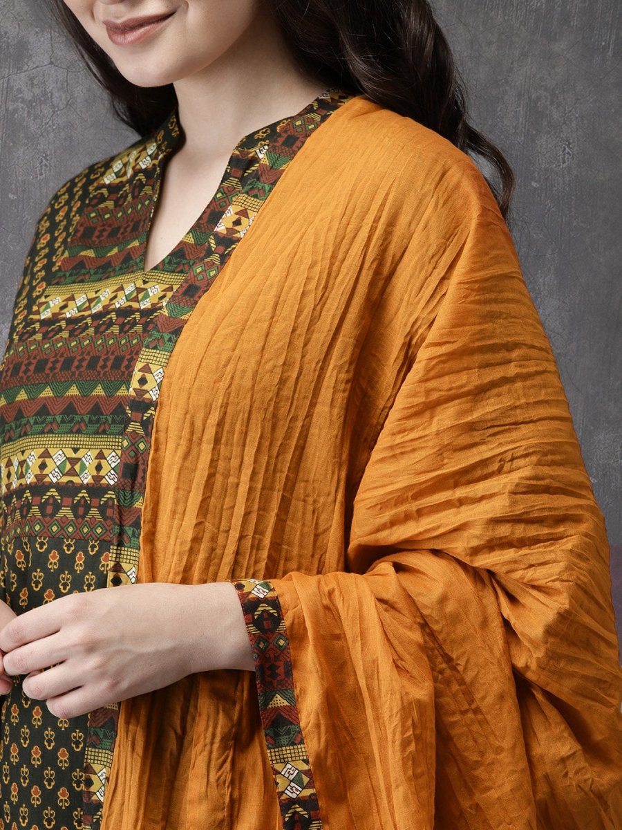 Anouk Women Olive Green & Mustard Brown Printed Kurta with Churidar & Dupatta - Distacart