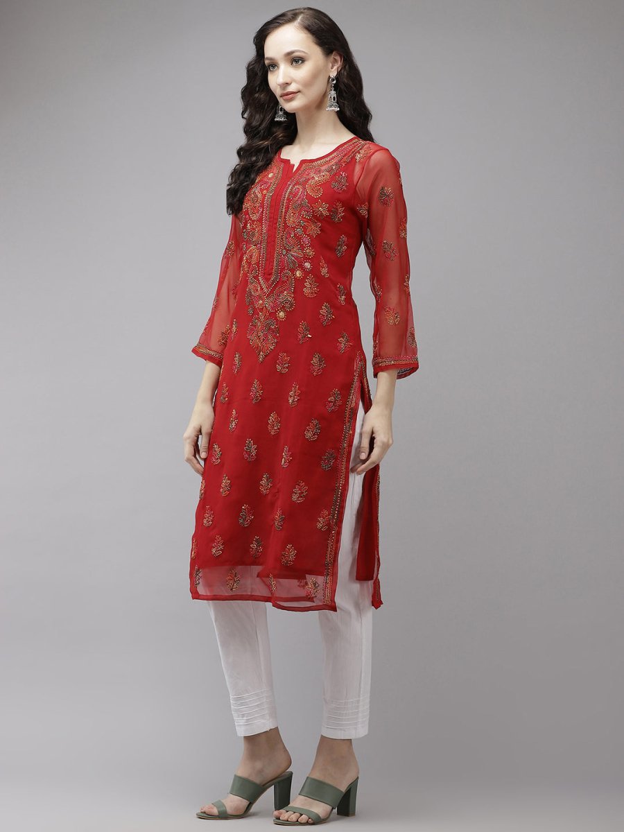 ADA Women Red Embroidered Regular Chikankari Kurta with Trousers - Distacart