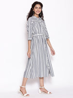 Thumbnail for AURELIA Blue & White Striped Shirt Midi Dress With Waist Tie Up - Distacart