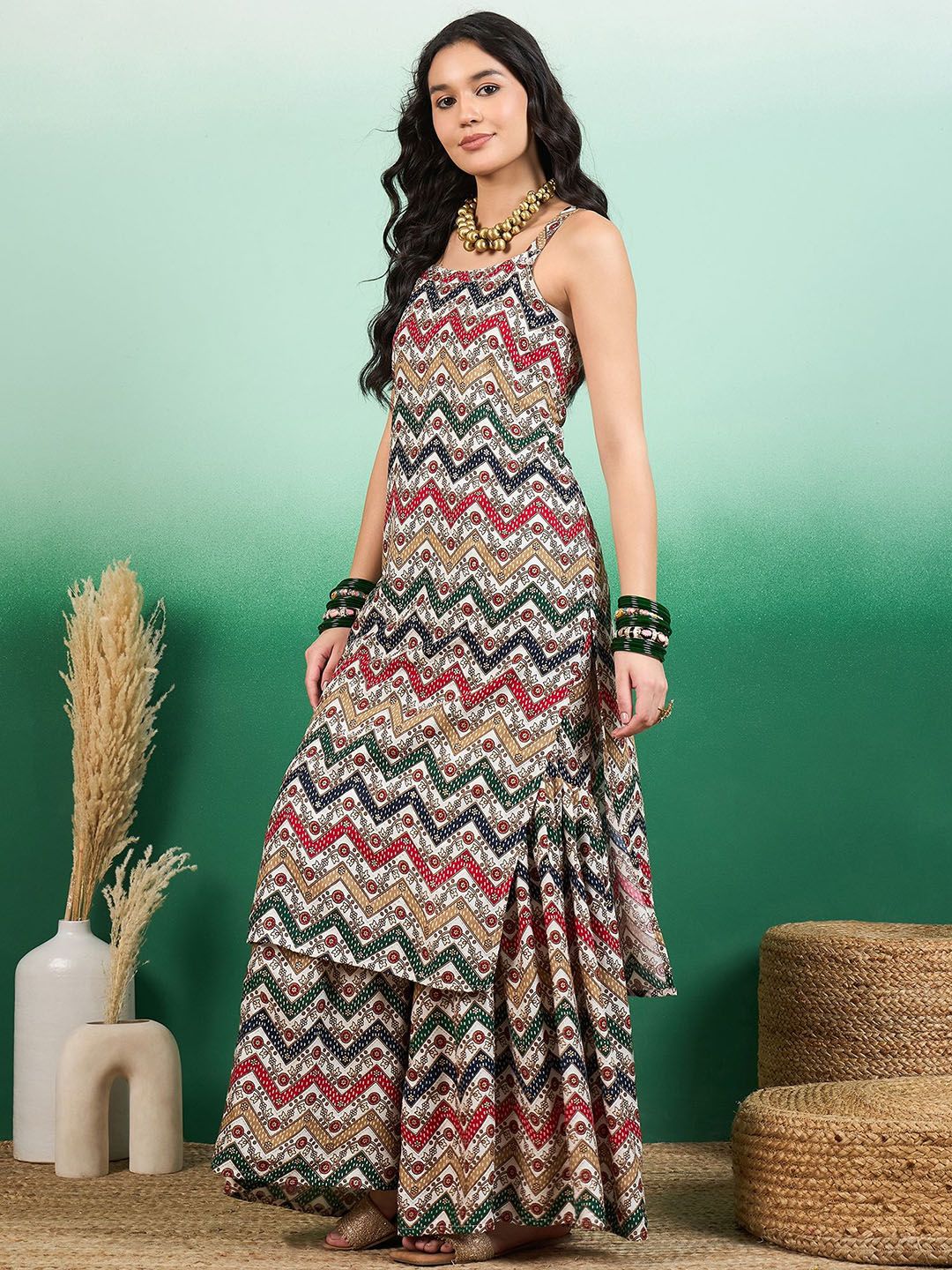Sangria Printed Straight Kurta With Palazzo Set