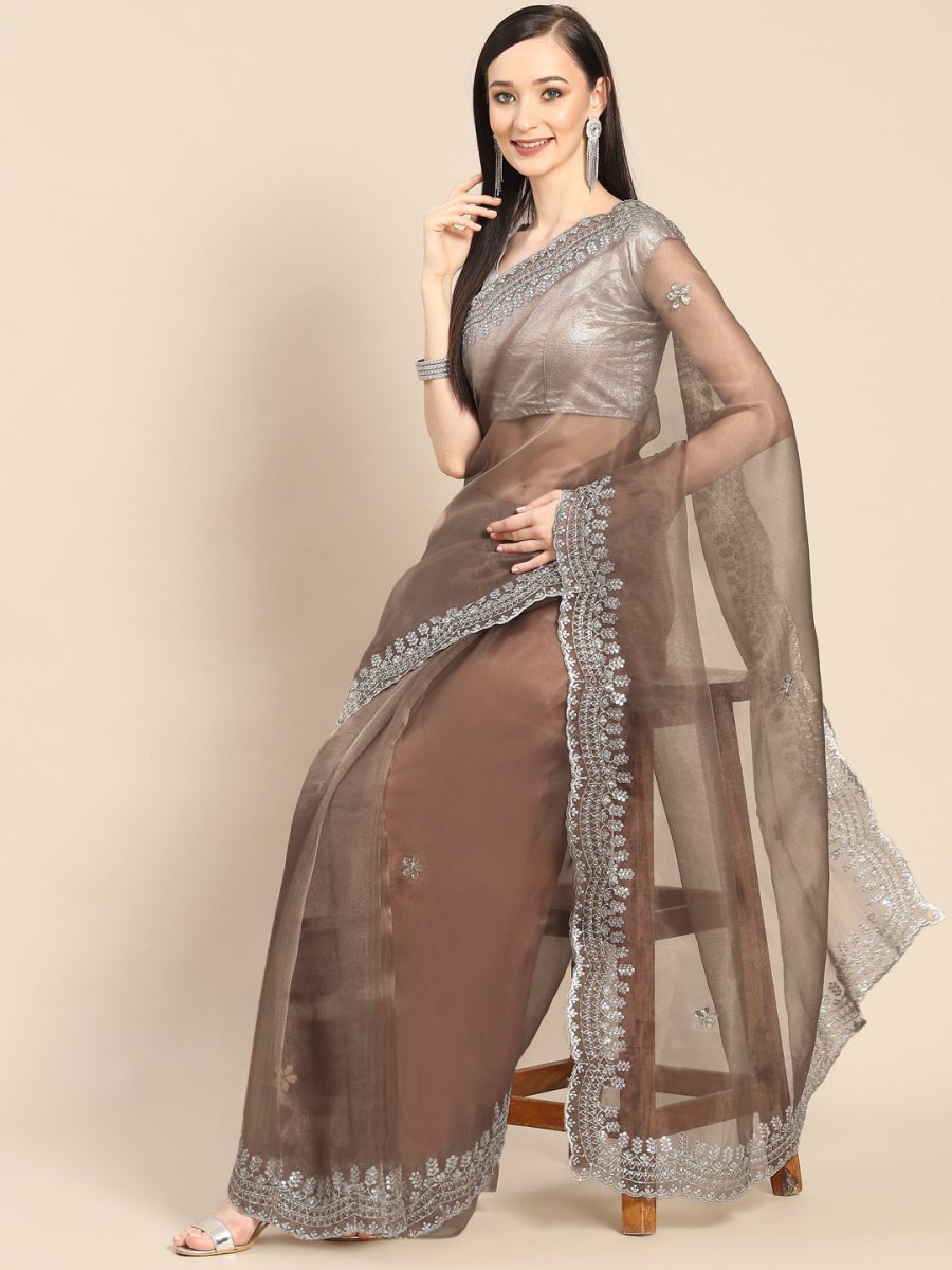 Anouk Copper & Silver-Coloured Sequinned Organza Saree - Distacart