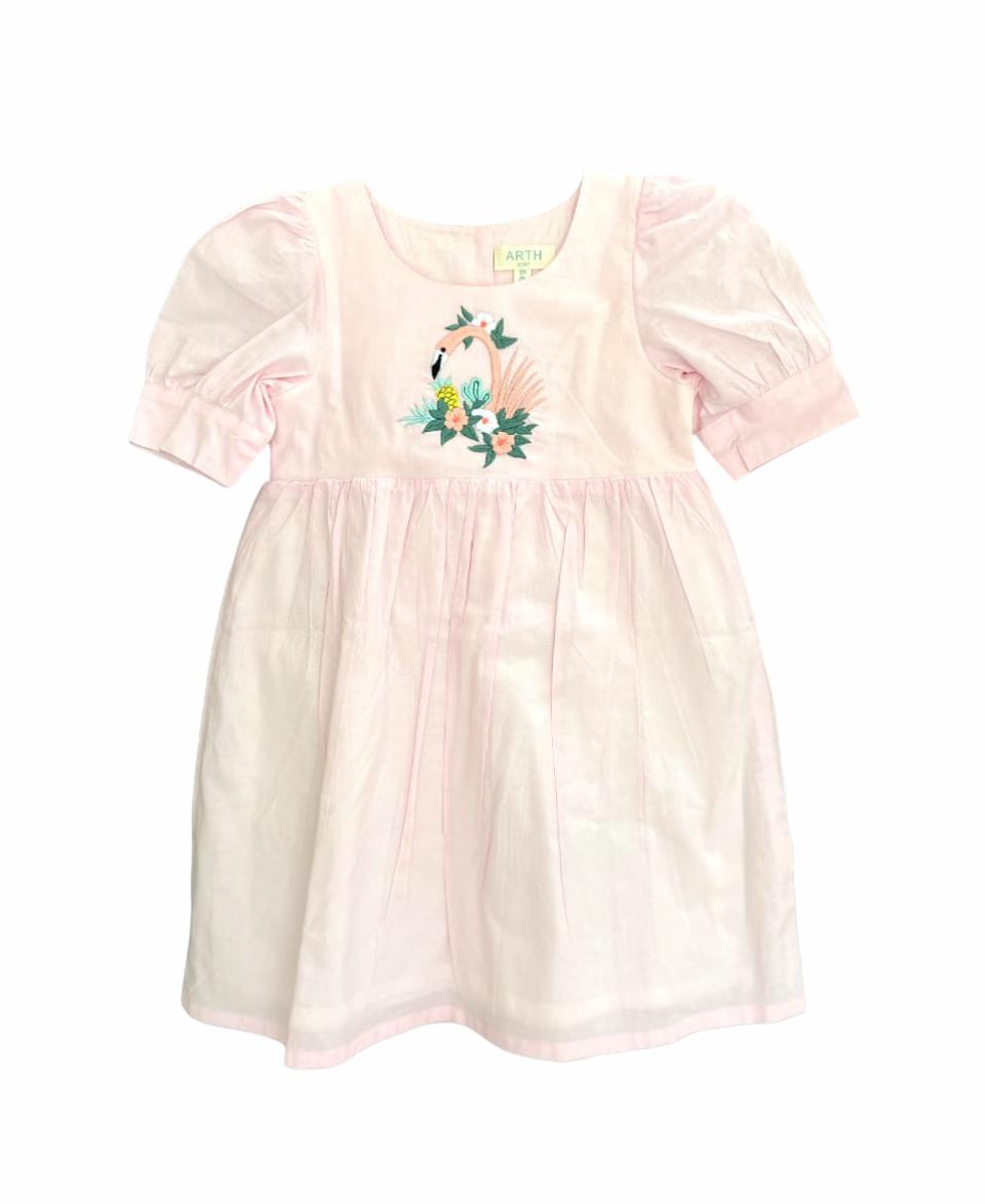 ArthLife Pink Flamingo Embroidered Dress - Distacart