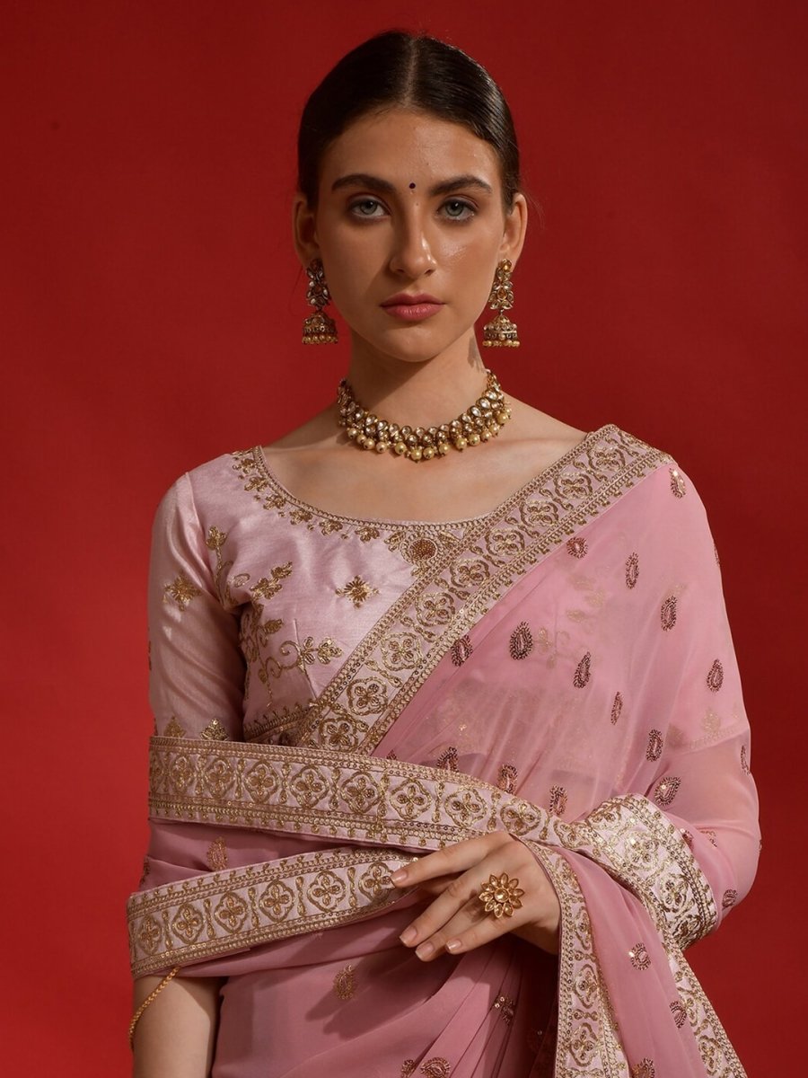 Anouk Pink & Gold-Toned Paisley Sequinned Pure Georgette Saree - Distacart