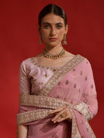 Thumbnail for Anouk Pink & Gold-Toned Paisley Sequinned Pure Georgette Saree - Distacart