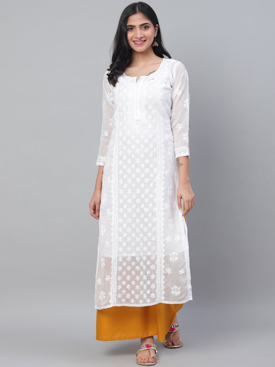 ADA Women White Chikankari Hand Embroidered Semi-Sheer Straight Kota Handloom Kurta - Distacart