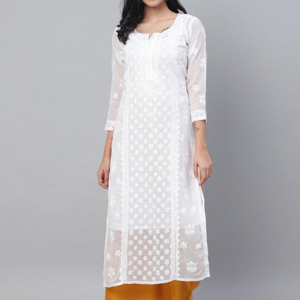 ADA Women White Chikankari Hand Embroidered Semi-Sheer Straight Kota Handloom Kurta - Distacart