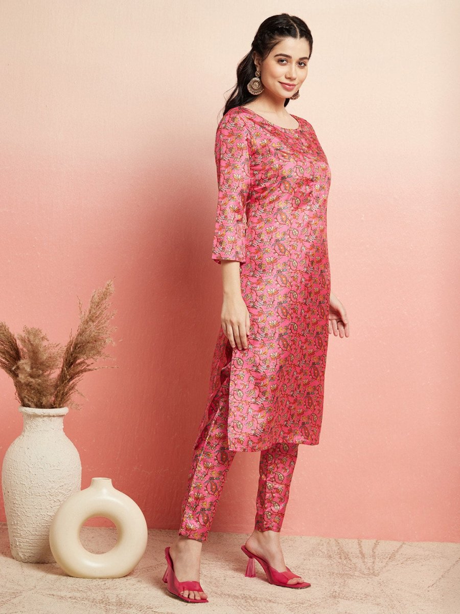 Aks Floral Printed Round Neck Kurta With Trousers - Distacart