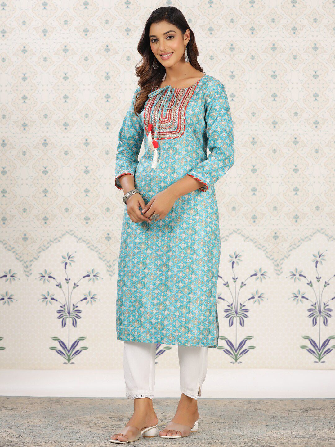 Ode by House of Pataudi Sea Green Ethnic Printed Tie-Up Neck Gotta Patti Straight Kurta - Distacart