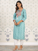 Thumbnail for Ode by House of Pataudi Sea Green Ethnic Printed Tie-Up Neck Gotta Patti Straight Kurta - Distacart