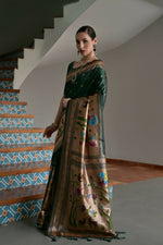Thumbnail for Vishnu Weaves Women's Bt-Green Paithani Silk Zari Woven Saree with Blouse