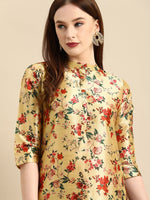 Thumbnail for All About You Women Mustard Yellow & Red Floral Print Chanderi Silk Blend Straight Kurta - Distacart