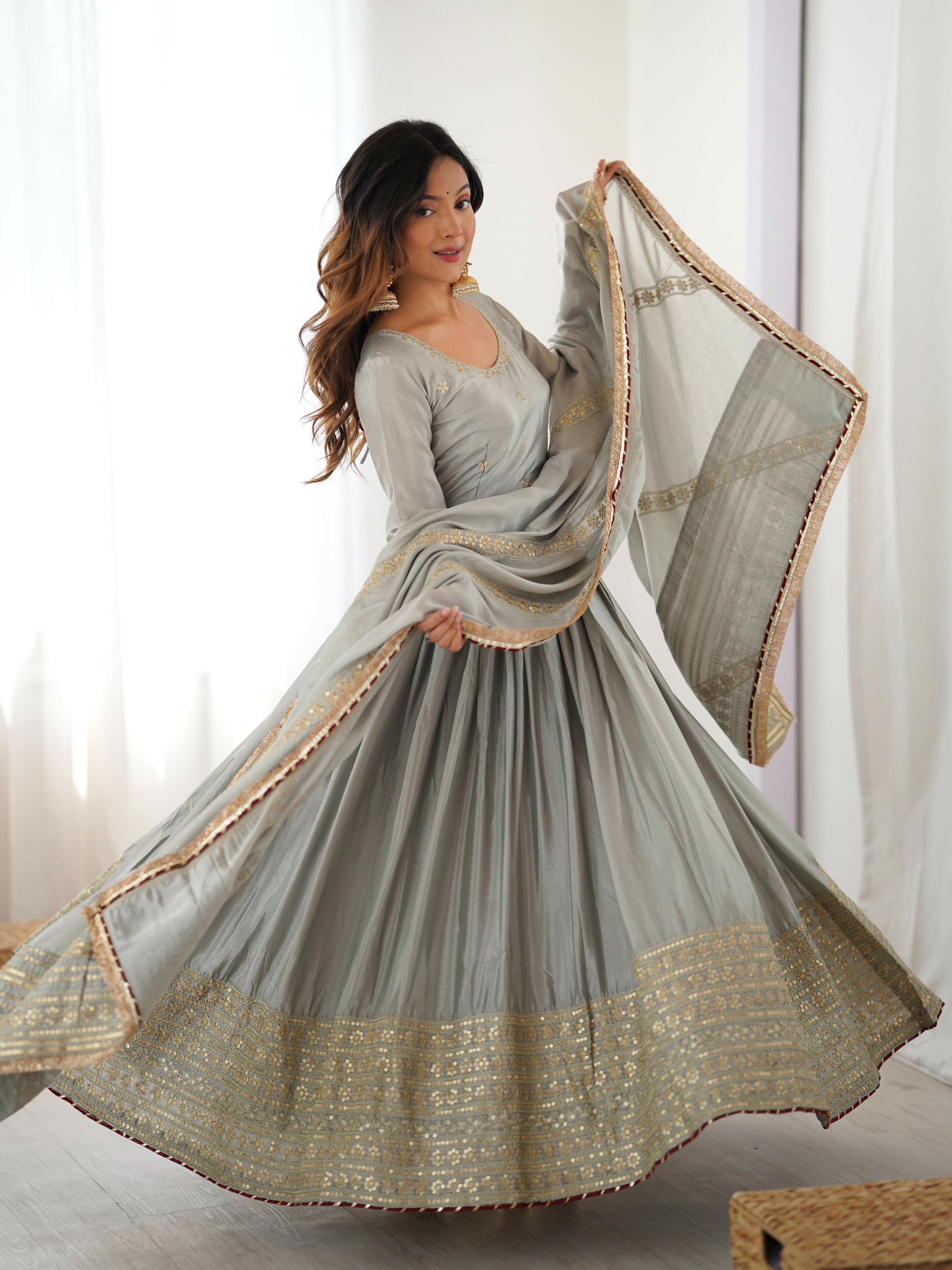 Joban Fashion grey Kurta set with Pant Chinon silk Thread with Sequins work