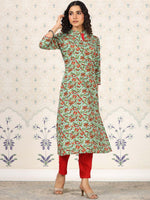 Thumbnail for Ode by House of Pataudi Green Floral Printed Straight Kurta - Distacart