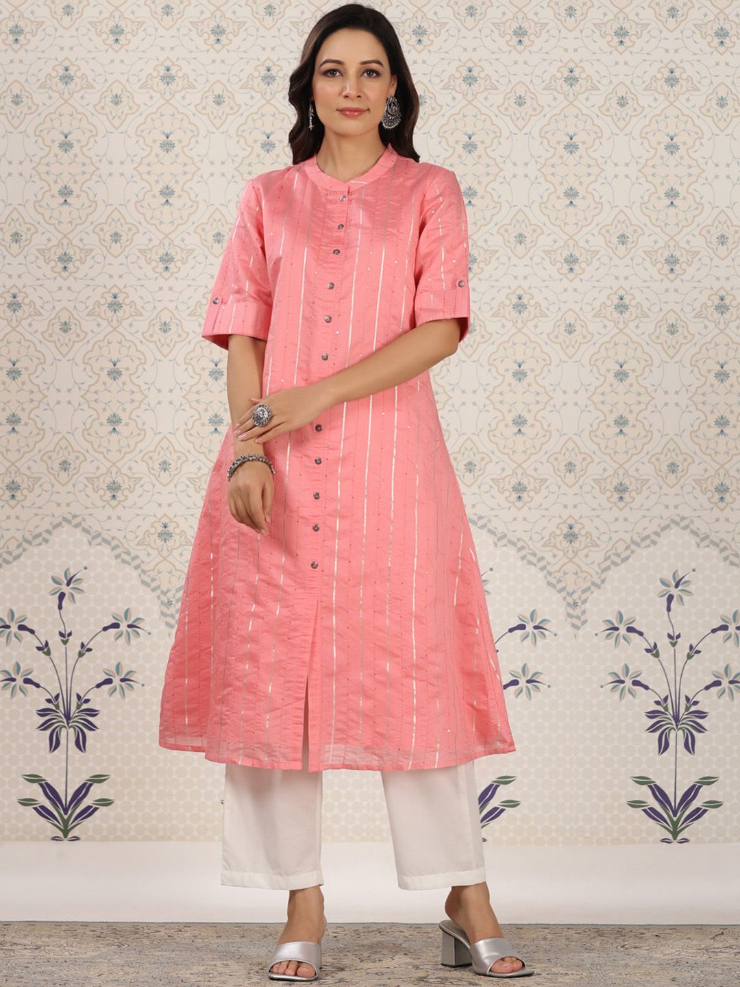 Ode by House of Pataudi Striped Gotta Patti Sequinned A-Line Kurta - Distacart