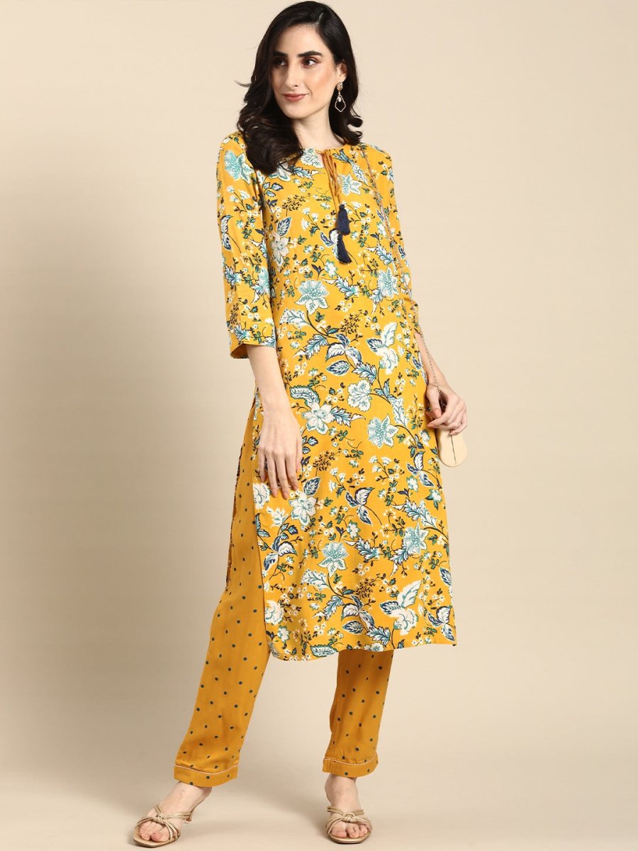 All About You Women Mustard Yellow & White Floral Printed Kurta with Trousers - Distacart