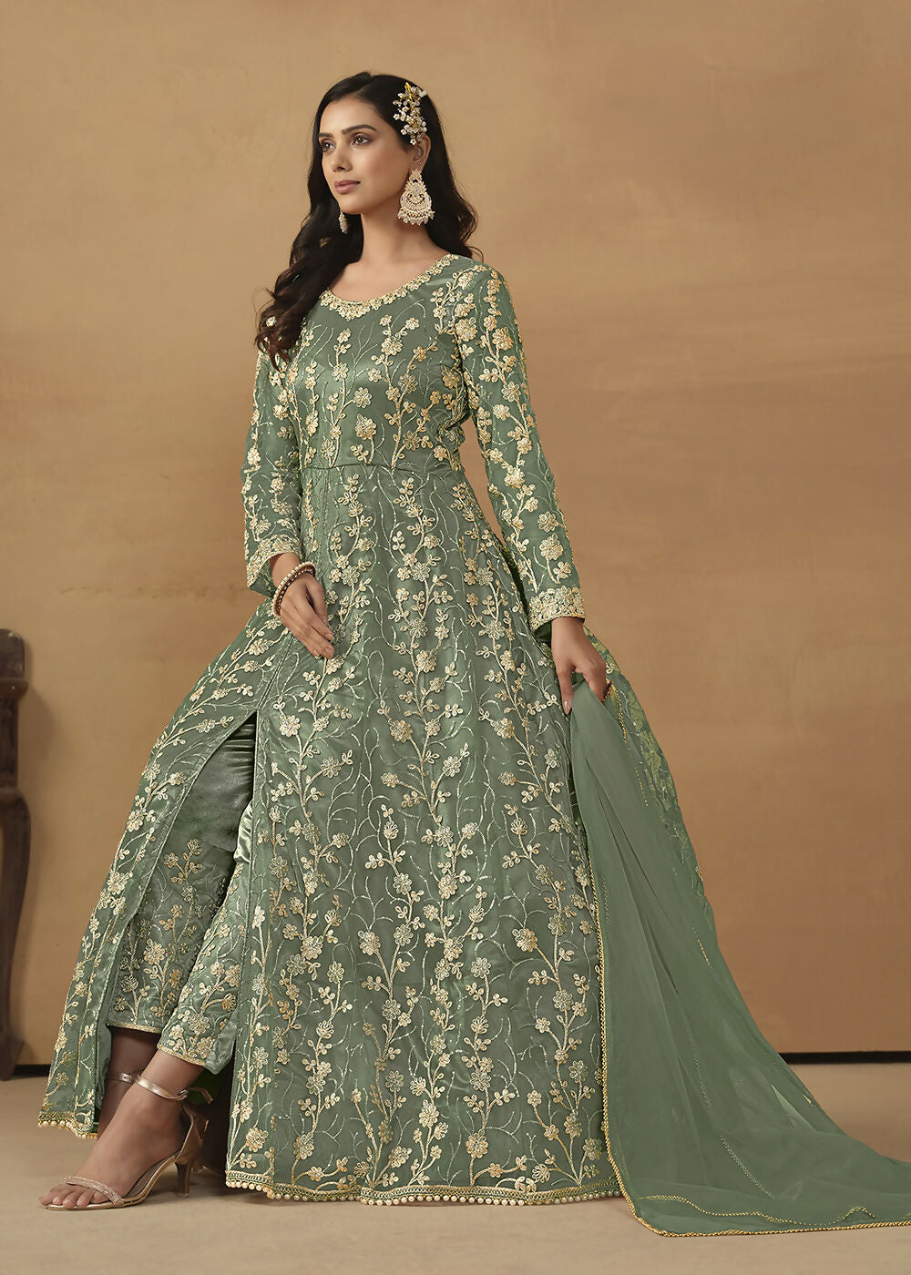 Pant Style Sage Green Embroidered Net Wedding Anarkali Suit - Emponline - Distacart