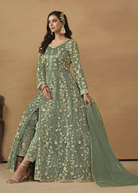 Thumbnail for Pant Style Sage Green Embroidered Net Wedding Anarkali Suit - Emponline - Distacart