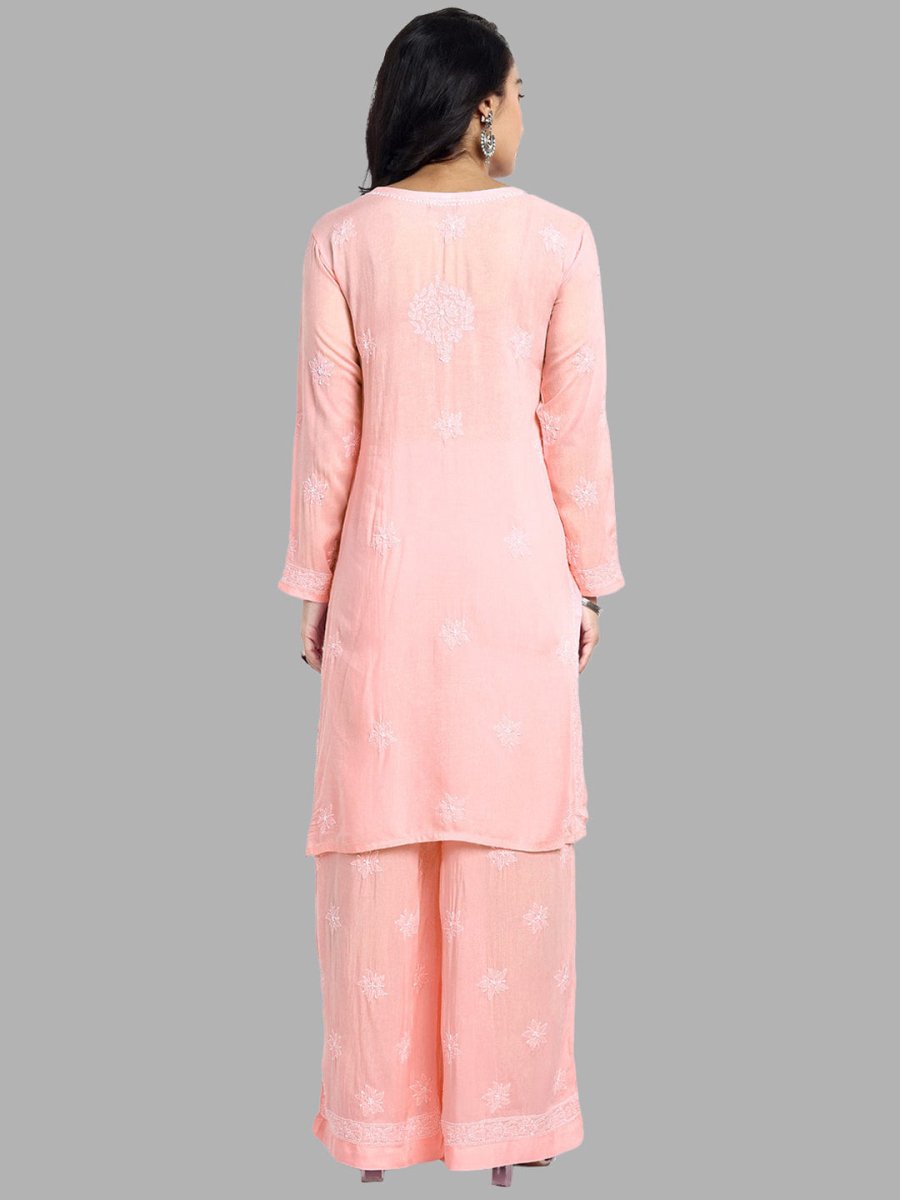 ADA Floral Embroidered Long Sleeves Regular Lucknowi Chikankari Kurta With Palazzos - Distacart