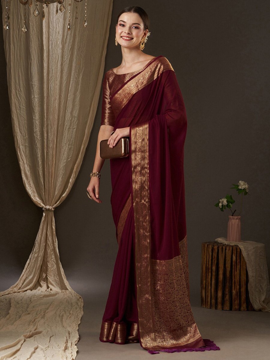 Anouk Burgundy & Gold-Toned Zari Pure Georgette Kanjeevaram Saree - Distacart