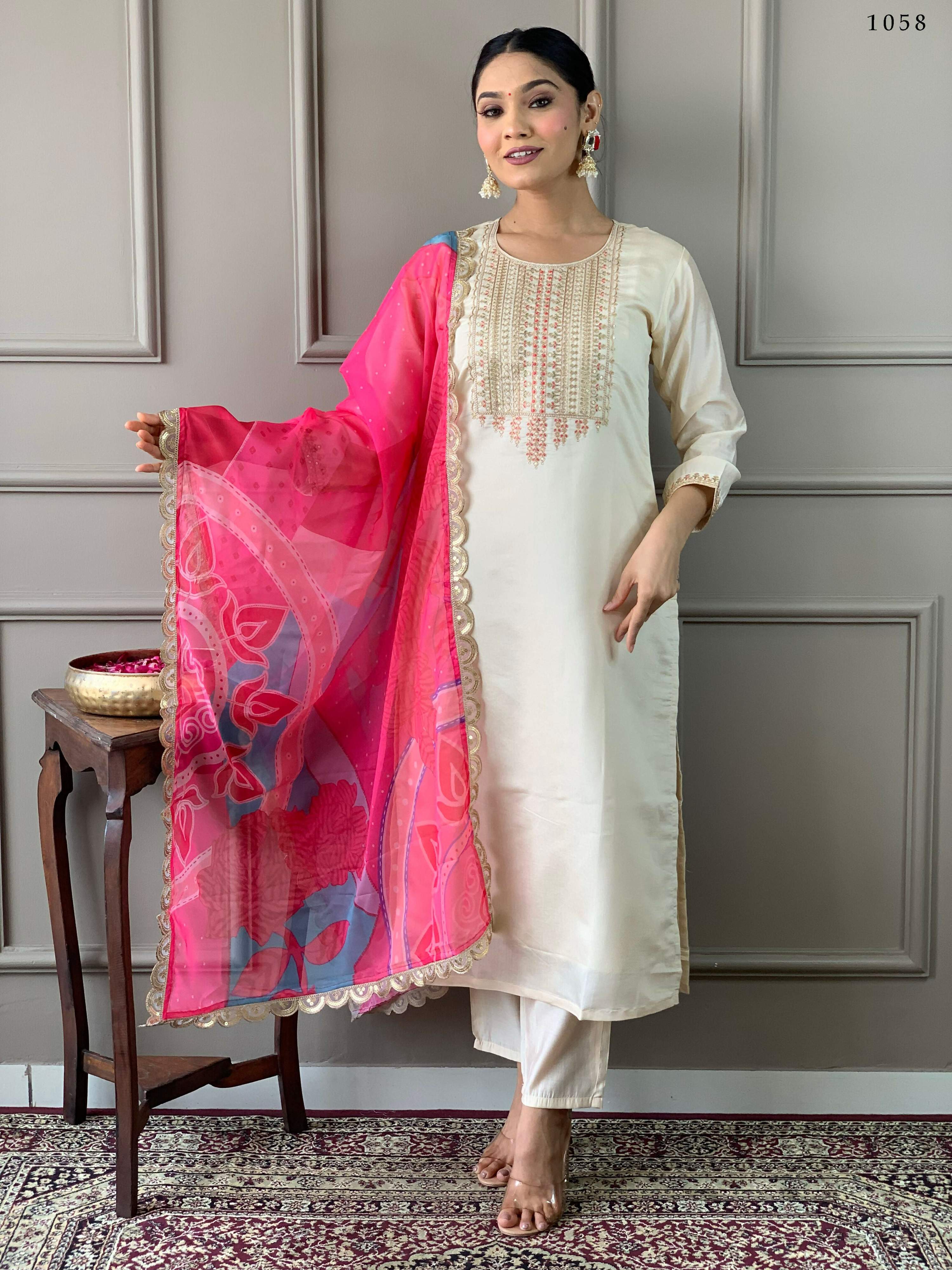 Partywear Designer Viscose Chanderi Off White & Pink Stitched Suit With Dupatta - Anbazaar - Distacart