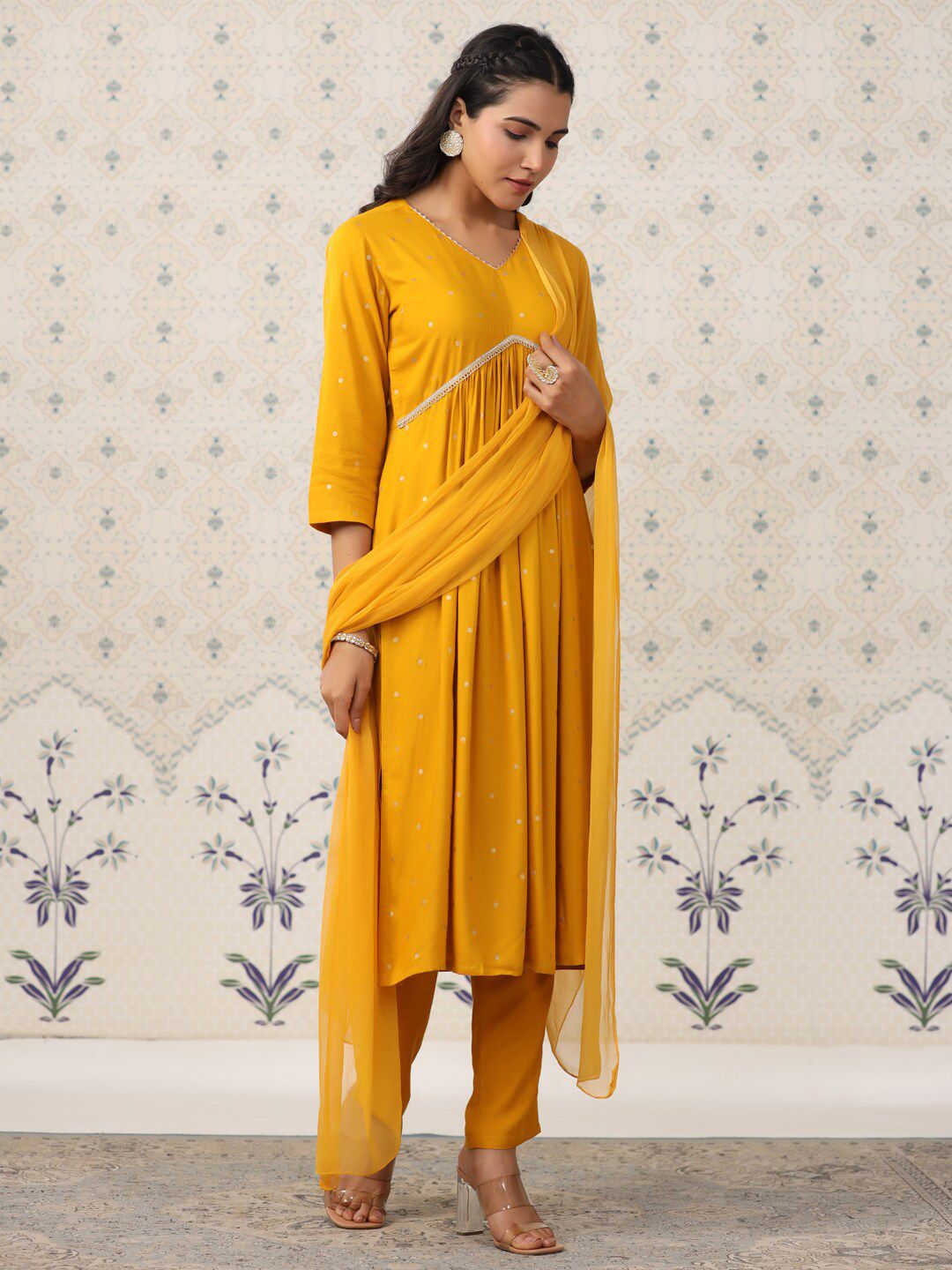Ode by House of Pataudi Geometric Printed Pleated Kurta & Trousers With Dupatta - Distacart