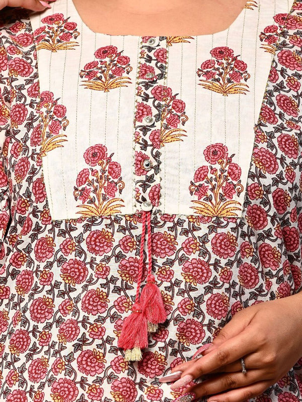 Swasti Women White Geometric Printed Floral Pathani Kurta