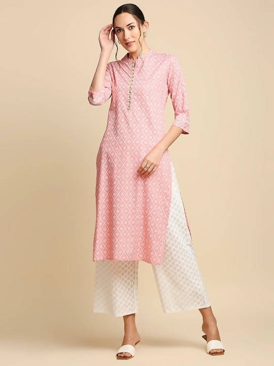 Anubhutee Peach-Coloured & White Khari Printed Straight Kurta - Distacart