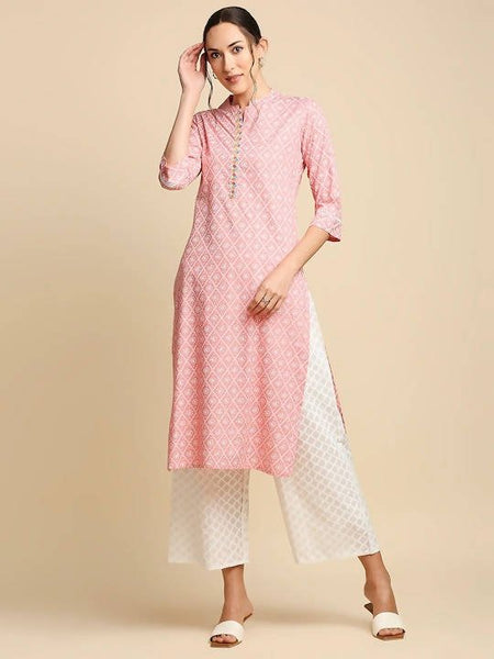 Anubhutee Peach-Coloured & White Khari Printed Straight Kurta - Distacart