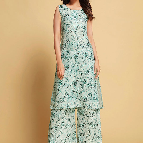 Sangria Green Floral Printed Sleeveless Straight Linen Kurta & Palazzo - Distacart
