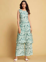 Thumbnail for Sangria Green Floral Printed Sleeveless Straight Linen Kurta & Palazzo