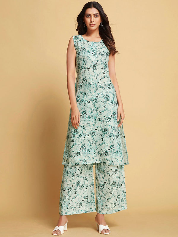 Sangria Green Floral Printed Sleeveless Straight Linen Kurta & Palazzo